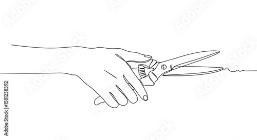 Hand using pruning shears line drawing on transparent background