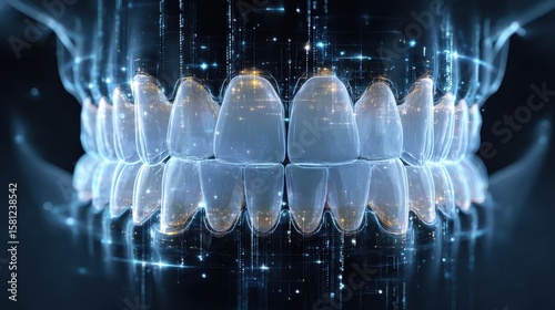 Dental advanced 3D Hologram illustration with digital effects, futuristic dental technology concept.