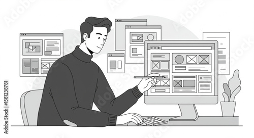 A male designer creates a user interface wireframe on a computer, showcasing the UI/UX development and prototyping process. Line art illustration.