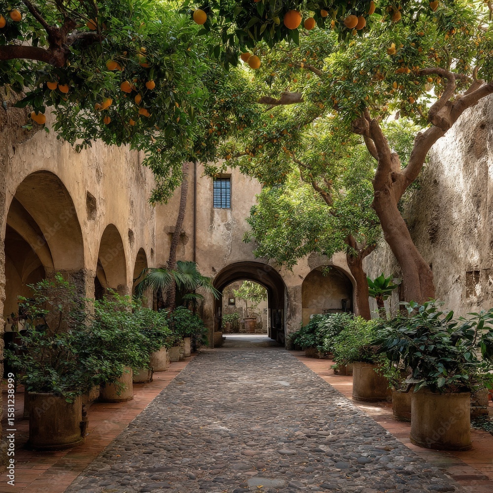 Fototapeta premium Sun-drenched courtyard with lush greenery and stone arches. Serene and picturesque.