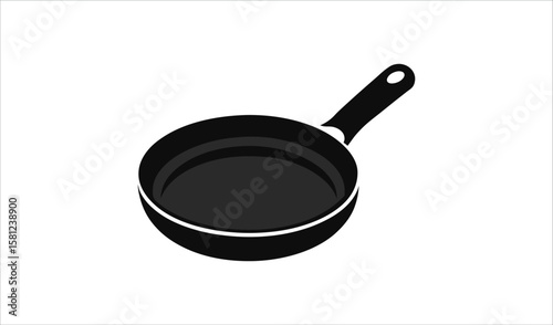 Simple black frying pan with handle on a white background