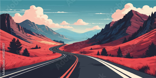 A scenic summer highway winds through majestic mountains under a vast sky, inviting an epic journey through nature's beautiful landscape