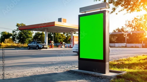 Green Screen Advertising Billboard at Gas Station with Cars and Sunlight