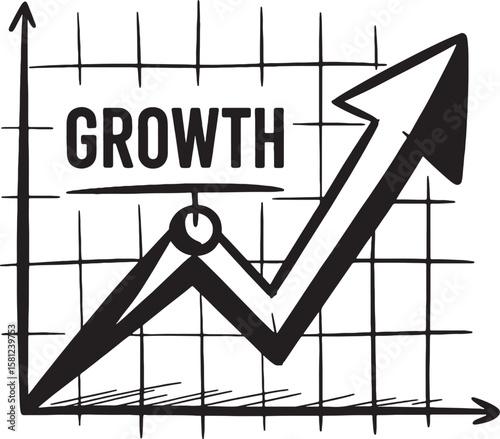 Black and white graphic of a rising arrow and chart with the word growth upward