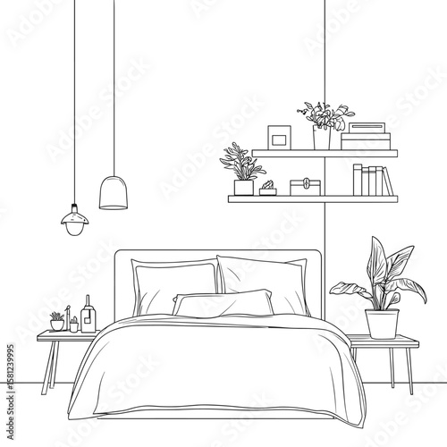 vector bedroom with bed black lines .Generative AI