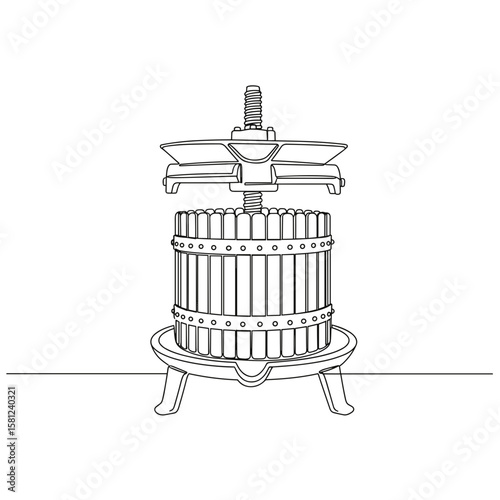 Old wine press in black line art on transparent background  