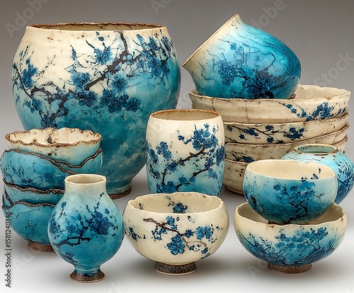 the image displays an arrangement of ceramic pieces in a studio environment, showcasing a range of sizes and shapes