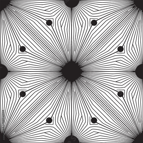 Black and white radial pattern with circular elements abstract geometric