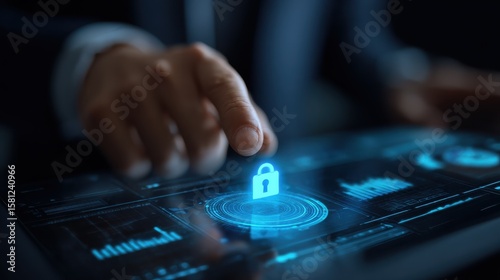 Business person analyzing a cybersecurity dashboard with a prominent lock icon - data security - IT solutions - risk management