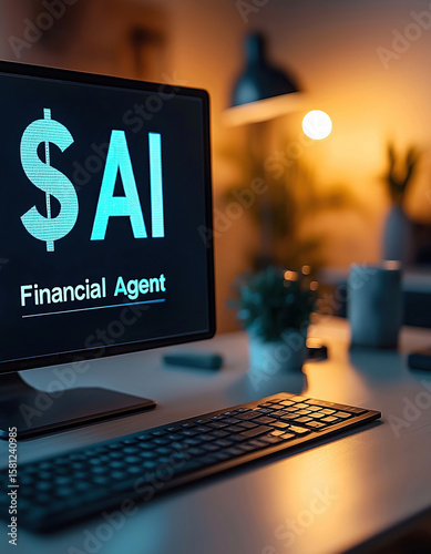 A graph on a computer labeled AI Financial Agent showcasing artificial intelligence as a virtual finance assistant representative for customer service support and stock market growth