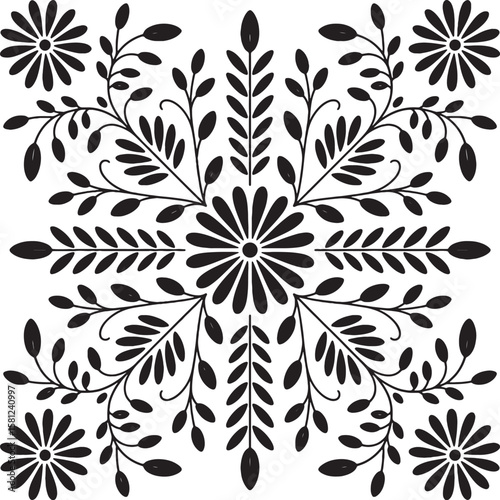 Black floral and leaf symmetrical pattern white