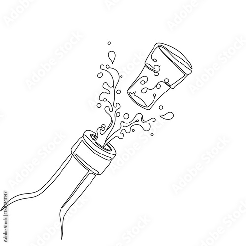 Cork popping from bottle with splash, isolated on transparent background  