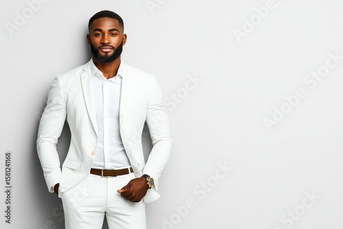 Stylish young man in a tailored white suit poses confidently against a minimalist background in an elegant studio setting