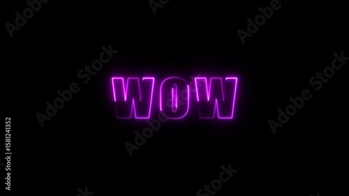 glowing colorful Neon line wow text animation. neon text wow Isolated on Black Background