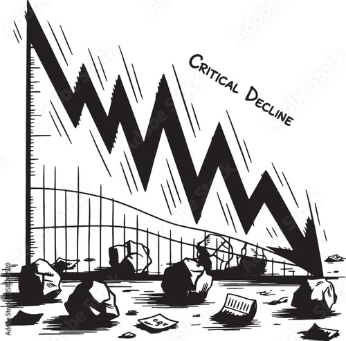 Black jagged line graph showing critical decline with scattered papers and debris white
