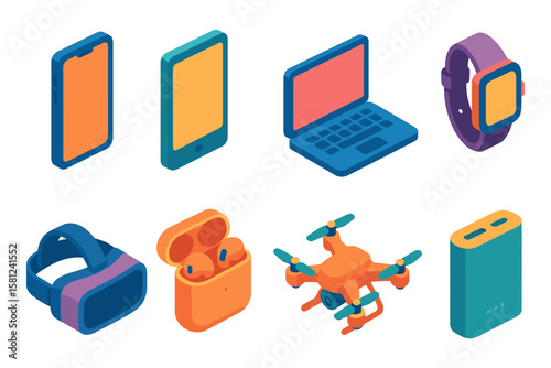Isometric modern technology gadgets collection featuring smartphones and tablets