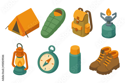 Outdoor adventure essentials: isometric camping gear collection