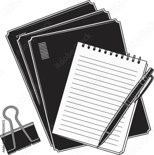 Black notebooks and lined paper with pen and binder clip stationery