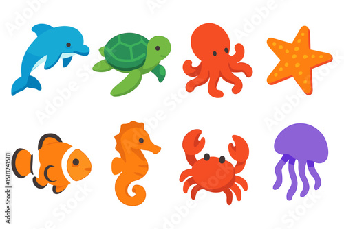 Colorful flat ocean creatures set with marine animals