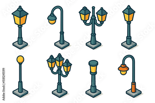 Set of isometric street lamps in various designs and styles