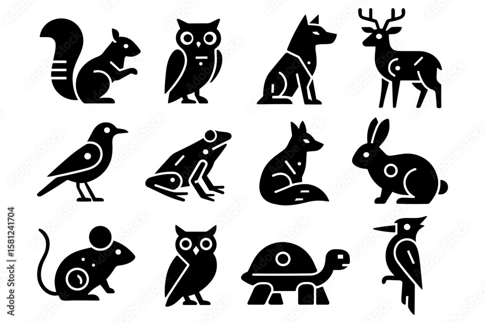 Fototapeta premium Silhouette icons of forest animals including owl, deer, squirrel, and rabbit
