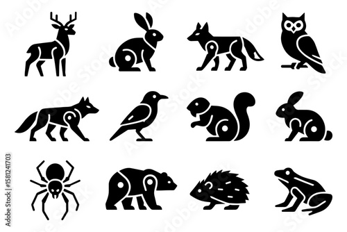 Set of animal silhouettes featuring forest and wildlife creatures in black