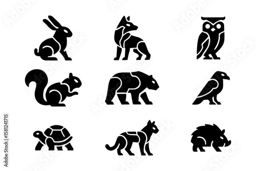 Geometric animal icons set in black silhouette style featuring diverse wildlife