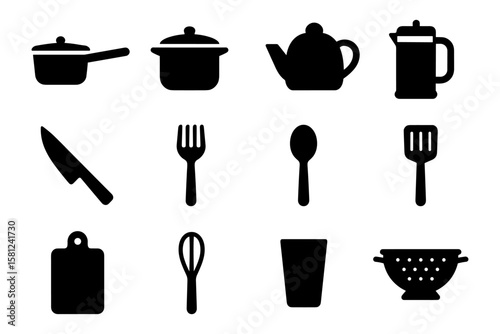 Silhouette collection of essential kitchen utensils and cookware icons
