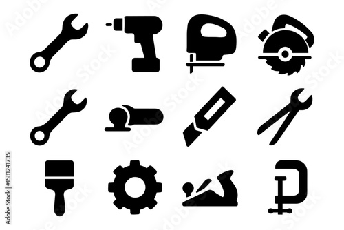 Silhouette icons of essential hand tools for woodworking and diy projects
