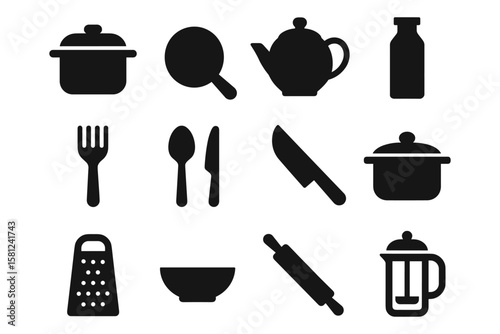 Kitchen utensil silhouettes: pots, knives, and more essential tools