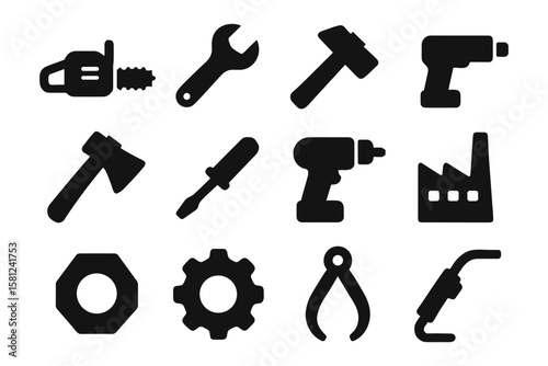 Silhouette icon set of industrial tools and equipment for construction and repair
