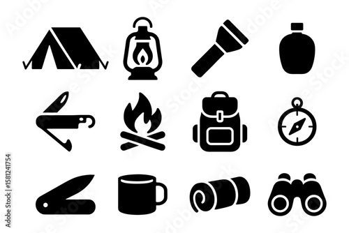 Set of black and white camping icons: tent, lantern, flashlight, and more