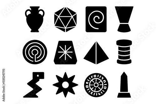 Ancient artifact icons: silhouette style featuring geometric shapes and historical symbol designs