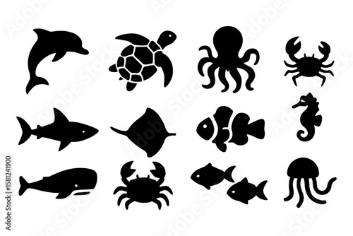Silhouette marine animal icons: dolphins, turtles, sharks, and more