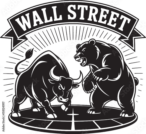 Bull and bear facing off on wall street finance stock market