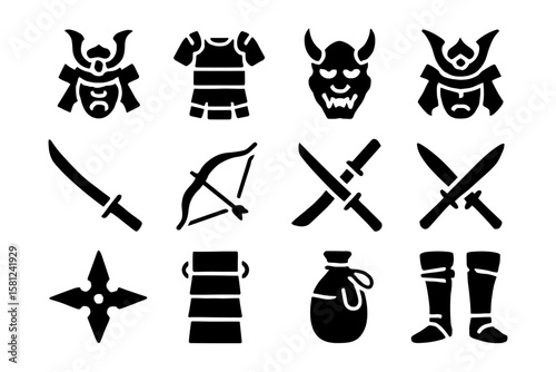 Samurai gear and weapons set in bold silhouette style