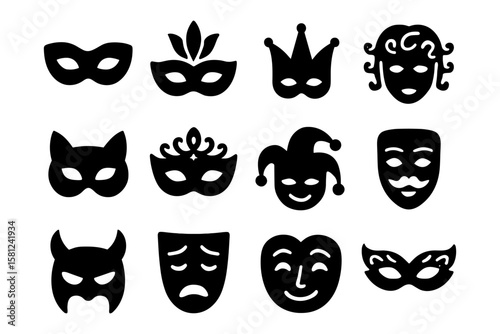 Set of black silhouette face masks for carnival and theater themes