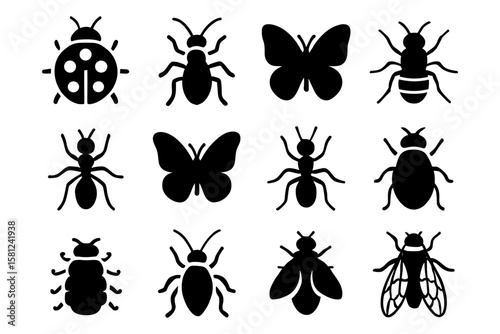 Insect silhouette collection: ladybug, ant, butterfly, bee, fly, beetle designs
