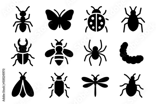 Silhouette collection of insects: butterfly, ladybug, bee, spider, ant, dragonfly