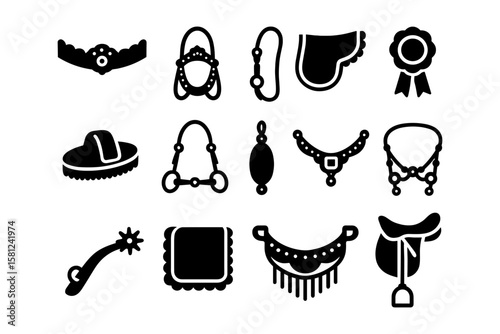 Western equestrian gear icons collection in bold silhouette style