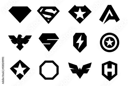 Superhero symbol collection in bold silhouette style