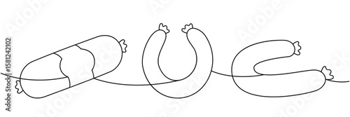 Doctor sausage, frankfurters sausage, round sausage one line continuous drawing. Meat products. Vector illustration.