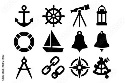 Nautical icon set: anchor, ship wheel, telescope, lantern, lifebuoy, sailboat, bells, compass