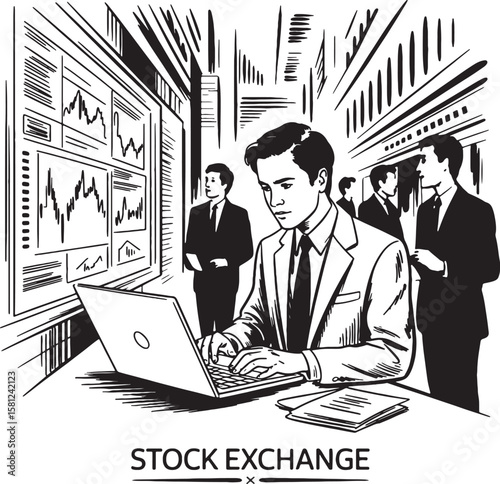 Businessman working on laptop with stock market charts in background trading