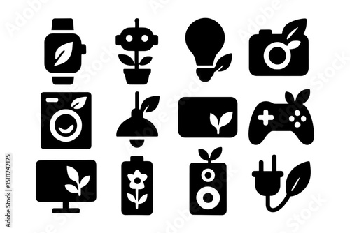 Eco-friendly technology icons featuring nature-inspired silhouettes