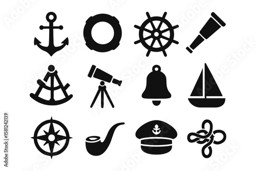 Nautical icons set featuring maritime symbols in black silhouette style