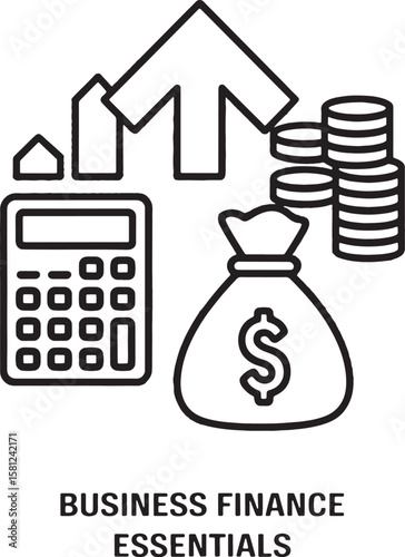 Calculator coins money bag and growth arrow icons dollar sign