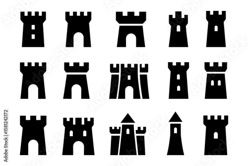 Collection of castle tower silhouettes: medieval architecture icons for design