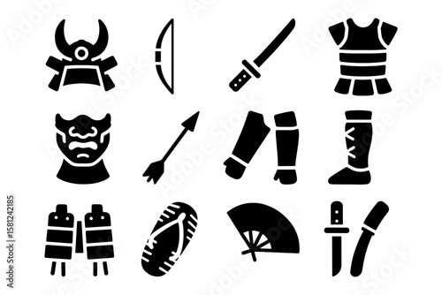 Black silhouette icons of traditional samurai armor and weapons set