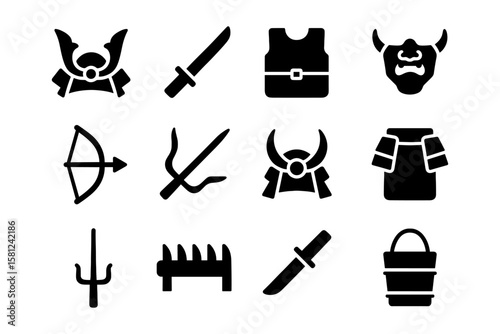 Black silhouette icons of samurai weapons and armor on white background